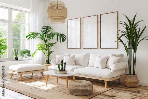 A modern living room featuring a white couch as the centerpiece, complemented by several vibrant green plants adding a touch of nature to the space.