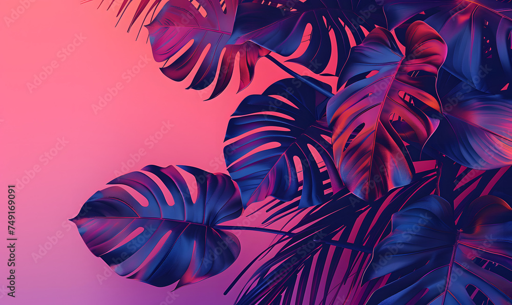 Shaded tropical leaves on a calm, gradient abstract background, Generative AI 