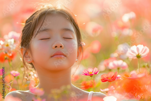 Portrait of a young dreamy little girl with a natural posture, in flower field in blooming spring