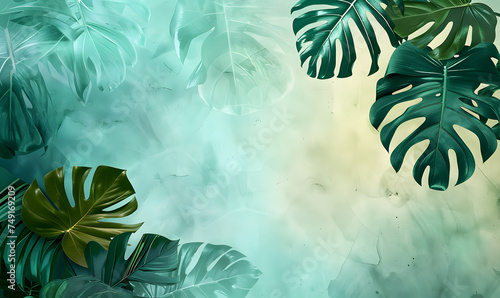 Shaded tropical leaves on a calm, gradient abstract background, Generative AI 