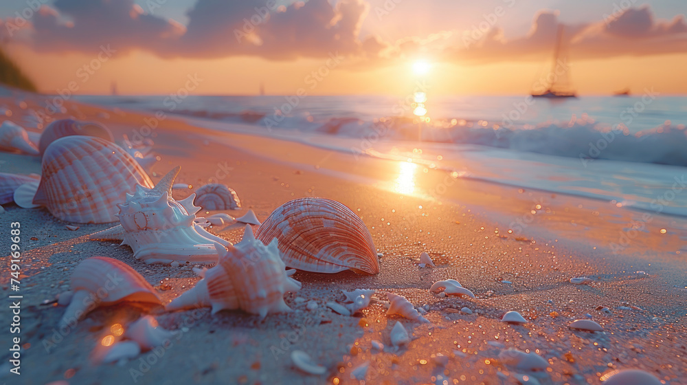 Seashell on sunset beach abstract background. Generative ai. - obrazy, fototapety, plakaty 