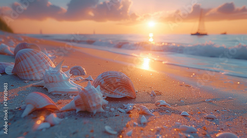 Seashell on sunset beach abstract background. Generative ai.