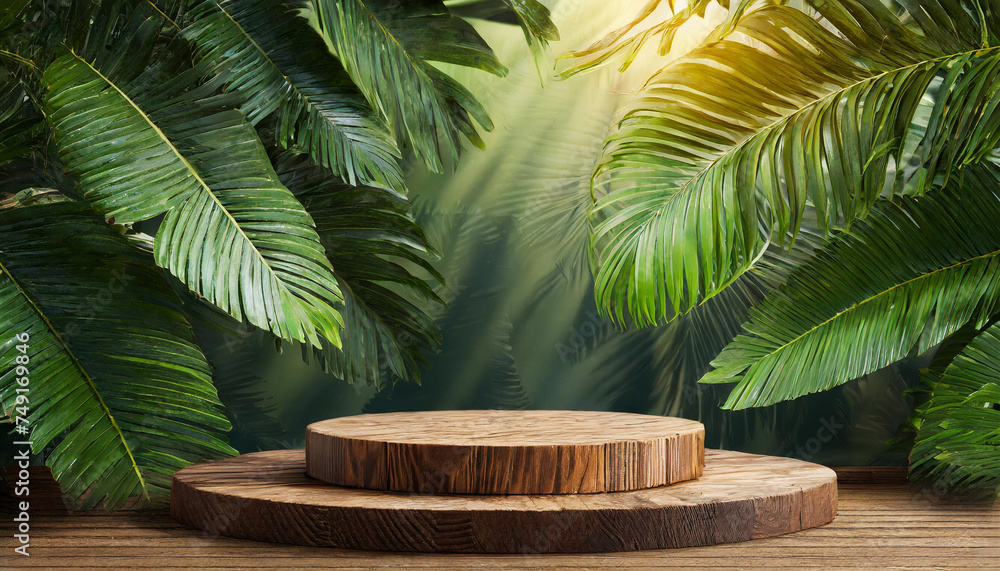 Fototapeta premium Leafy Delight: Wood Podium 3D Rendered Mockup with Decorative Tropical Leaves