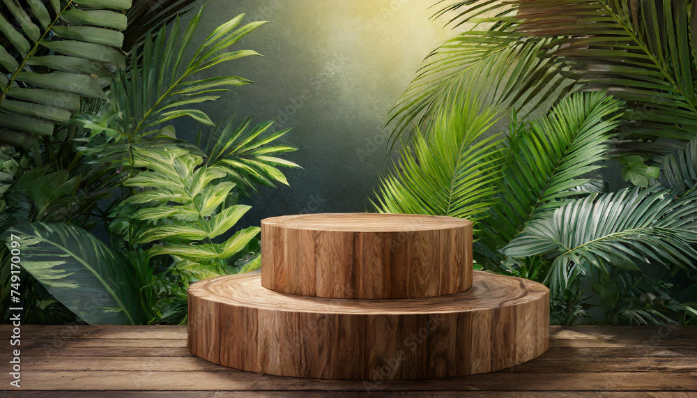 Fototapeta premium Tropical Flair: Wood Podium 3D Render Decorated with Greenery for Product Presentation