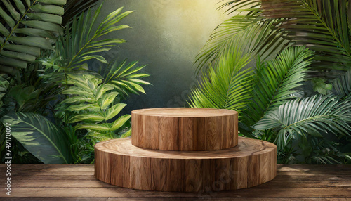 Tropical Flair  Wood Podium 3D Render Decorated with Greenery for Product Presentation