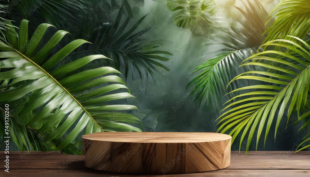 Island Vibes: 3D Rendered Wood Podium Mockup Enhanced by Lush Tropical Foliage Island Vibes: 3D Rendered Wood Podium Mockup Enhanced by Lush Tropical Foliage