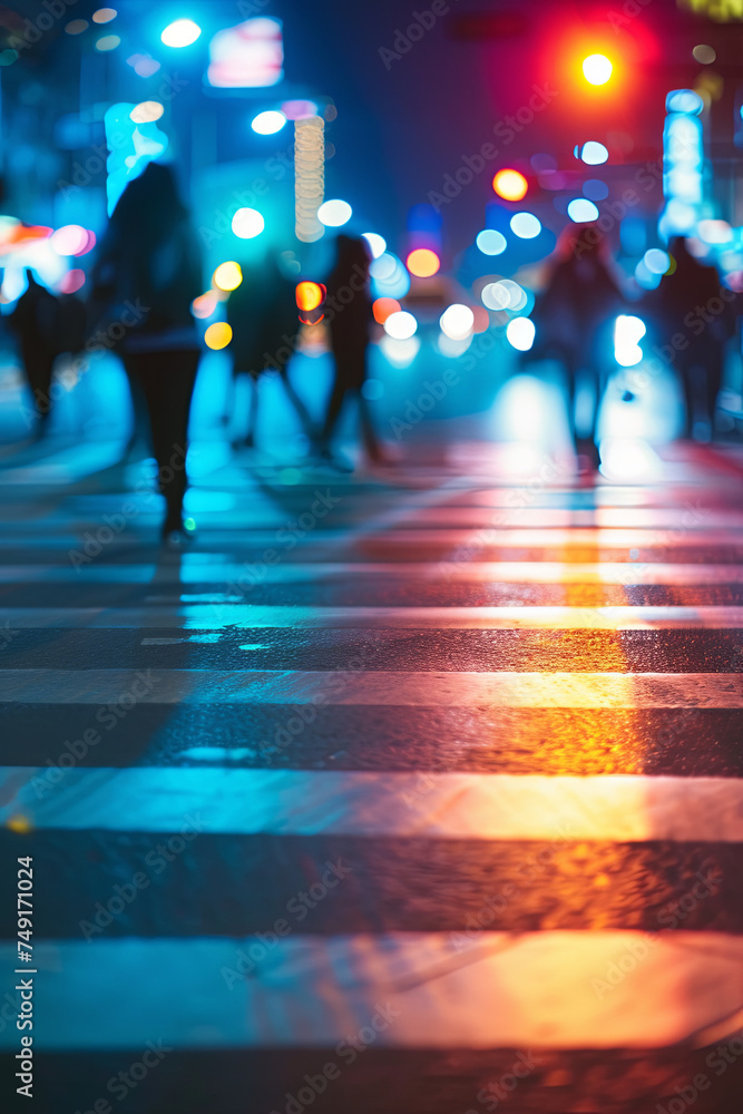 Night scenery of the city, crossing at night, burred crowd Night scenery of the city, crossing at night, burred crowd