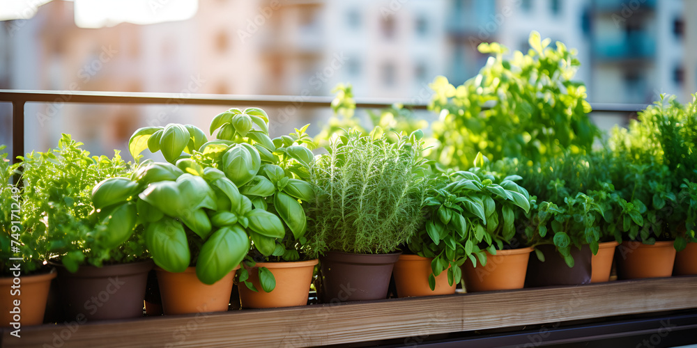 
Urban Garden on an Eco-Friendly Balcony Featuring Rosemary. Balcony garden with potted herbs and vegetables ready to be harvested - obrazy, fototapety, plakaty 