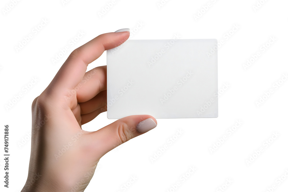 Fototapeta premium Woman Hand holding blank business card on white background. Neural network generated image. Not based on any actual scene or pattern.
