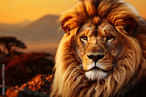Lion portrait on savanna. Mount Kilimanjaro at sunset © wendi
