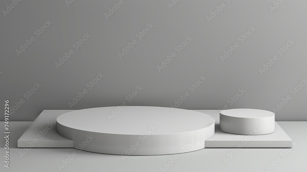 Minimalistic White Round Podium on a gray background. Stand, Stage, Stand, Pedestal, Showcase for Advertising, Horizontal platform, Layout for promotion, Product presentation, cosmetics, copy space. Minimalistic White Round Podium on a gray background. Stand, Stage, Stand, Pedestal, Showcase for Advertising, Horizontal platform, Layout for promotion, Product presentation, cosmetics, copy space.