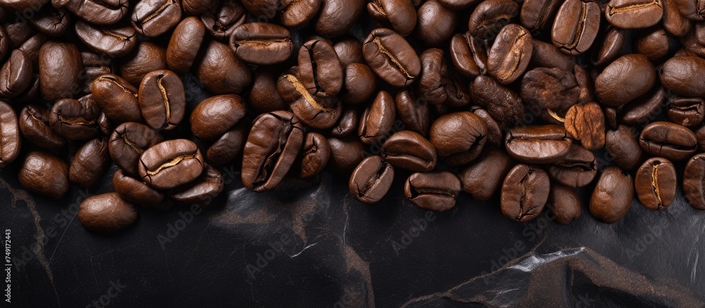 Fototapeta premium A top-down view of a pile of roasted coffee beans arranged neatly on a dark marble tabletop. The beans are various shades of brown, with a glossy appearance under the light.
