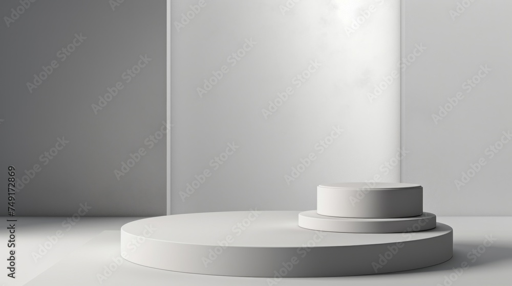 Minimalistic White Round Podium on a gray background. Stand, Stage, Stand, Pedestal, Showcase for Advertising, Horizontal platform, Layout for promotion, Product presentation, cosmetics, copy space. Minimalistic White Round Podium on a gray background. Stand, Stage, Stand, Pedestal, Showcase for Advertising, Horizontal platform, Layout for promotion, Product presentation, cosmetics, copy space.