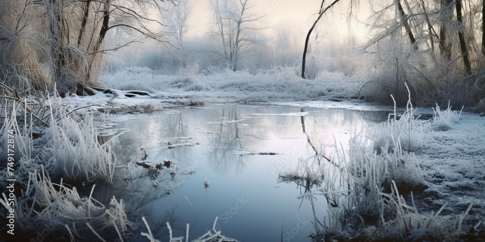 Beautiful flooded forest in winter time, 
Tranquil scene of frozen pond reflects blue winter sky.