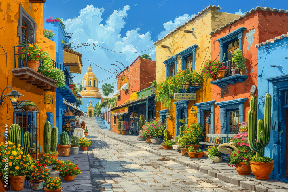 A vibrant and picturesque street in Mexico, lined with colonial-style buildings in bold colors, cacti, and blooming flowers under a clear blue sky.