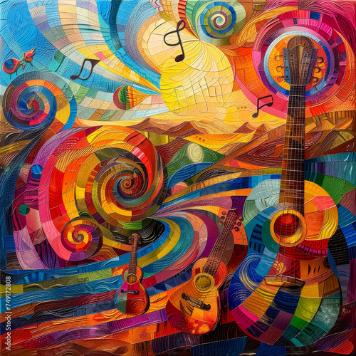 An abstract art piece with a symphony of guitars, musical notes, and swirling patterns in a kaleidoscope of colors.