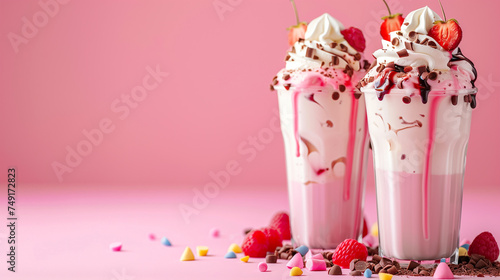 fresh strawberry milkshake commercial advertisement banner with negative space for text, healthy drink photo