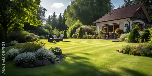 luxury landscape design with green manicured lawn, beautiful flower beds and path. Exquisite Greenery and Floral Beauty