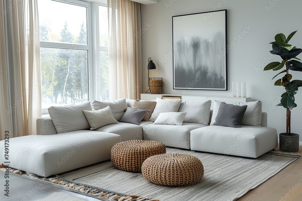 Fototapeta premium Modern interior of open space with design modular Neutral living room.sofa, furniture, wooden coffee tables, plaid, pillows, tropical plants and elegant personal accessories in stylish home decor. 