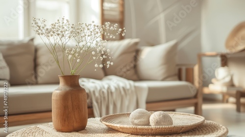 A cozy style wooden flower pot with dry plant is placed on marble table with background of luxury sofa seating at luxury lounge. Interior decoration object photo