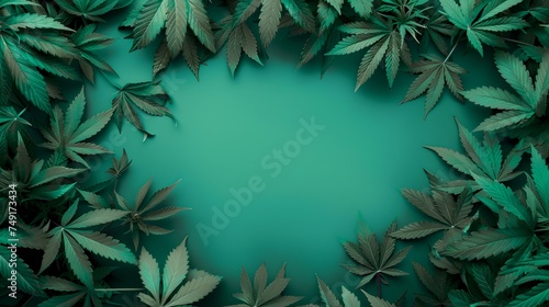 Lush green leaf frame on teal background  natural botanical design  perfect for environmental concepts. AI