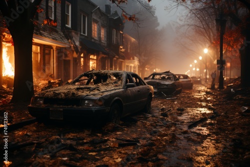 Capture the destructive force of a tornado unleashing chaos on a city, with cars being flung into the air and buildings crumbling in its path. photo