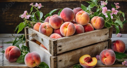 wooden crate brimming with succulent peaches  their soft fuzzy skin inviting a taste