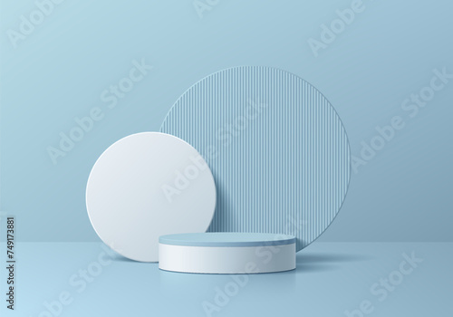 3D background realistic blue, white podium pedestal with round circles overlap scene. Platforms mockup product display presentation. Abstract geometric composition in minimal design. Stage showcase.