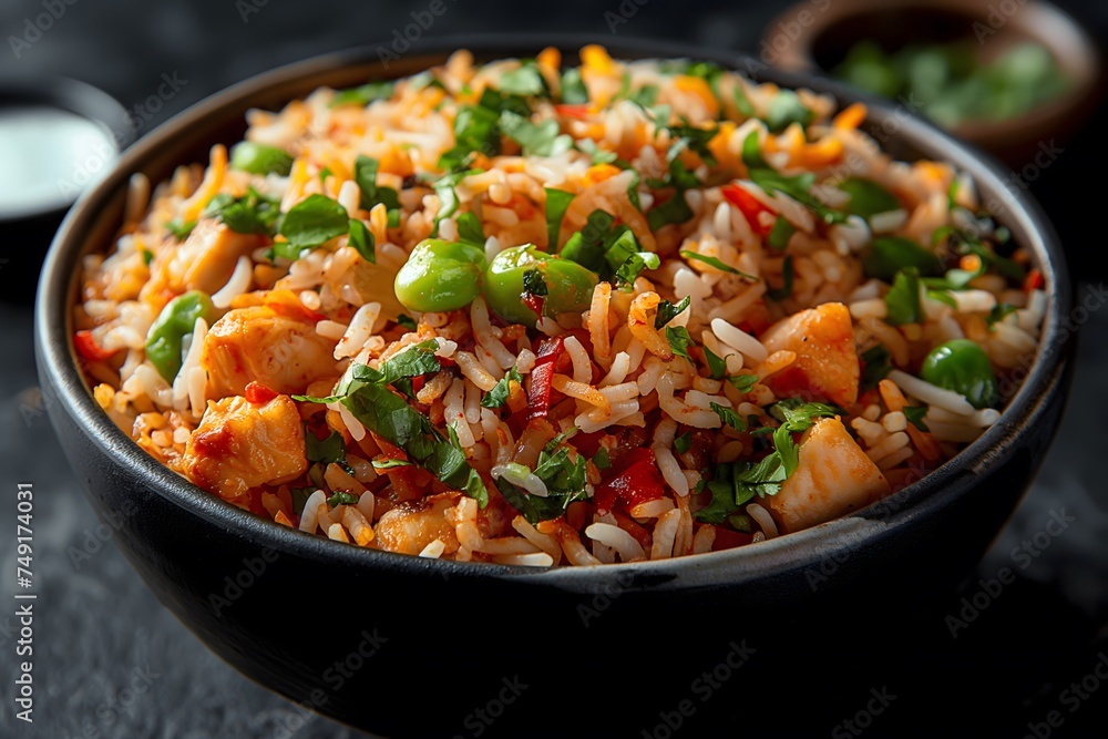 Delicious spicy chicken biryani on dark background