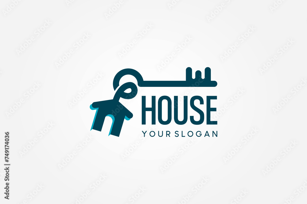 Old house key logo design with a house-shaped key chain with a creative idea concept
