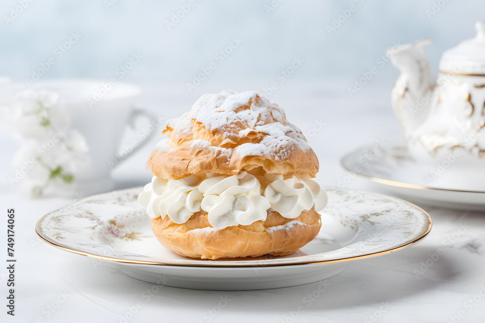 Delicious cream puff pastry on plate Delicious cream puff pastry on plate