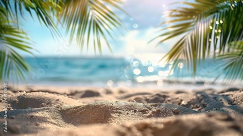 Sand with blurred Palm and tropical beach bokeh background, Summer vacation and travel concept