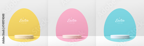 Set of 3D happy easter day background with white podium on yellow, blue, pink frames oval egg shape backdrop. Pastel minimal abstract room. Mockup product display. Geometric platforms. Stage showcase.