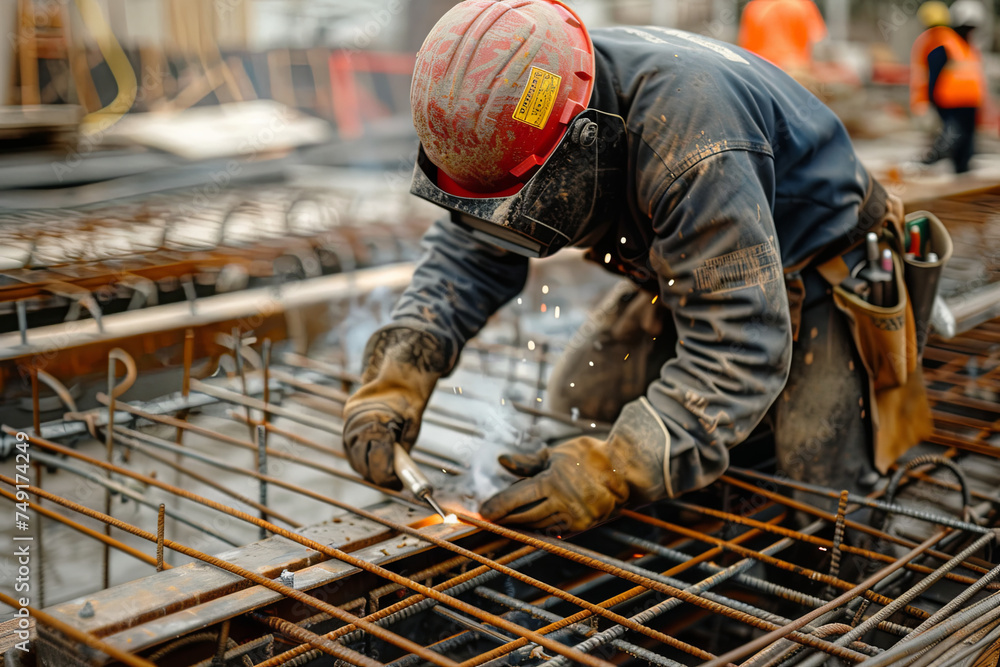 A construction worker using a welding torch to join metal parts together