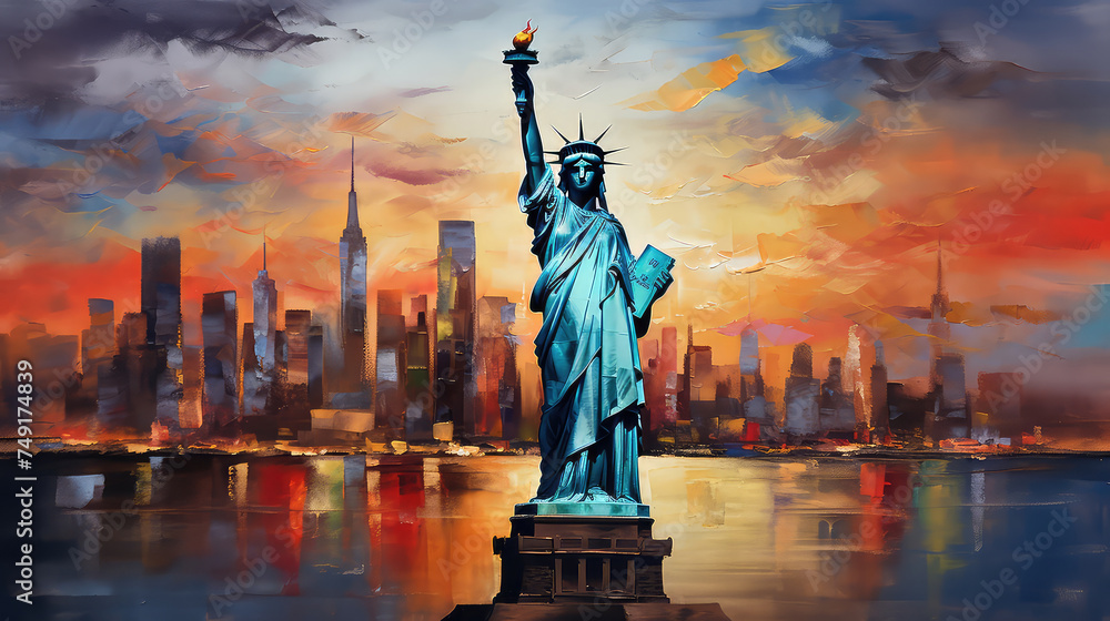 Fototapeta premium oil painting on canvas, The Statue of Liberty with One World Trade Center background, Landmarks of New York City, USA.
