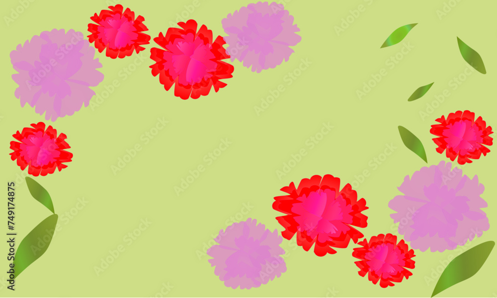 With a green background, there are pink and red carnations with light and dark colors and some leaves flying as decorations