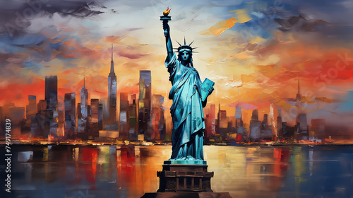 oil painting on canvas, The Statue of Liberty with One World Trade Center background, Landmarks of New York City, USA.