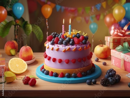 birthday cake with fruit and candles on the table