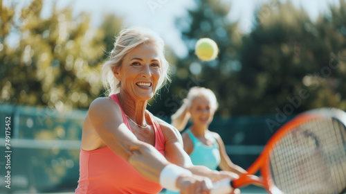 Closeup of an active mature woman playing tennis