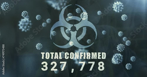 Wallpaper Mural Animation of biohazard symbol and total confirmed number with virus cells over caucasian woman Torontodigital.ca