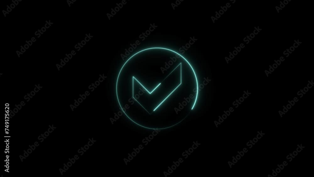 Check mark icon neon light deep cyan color form lines with deep cyan circle Animation. Black background UHD 4k video. Check mark icon neon light deep cyan color form lines with deep cyan circle Animation. Black background UHD 4k video.