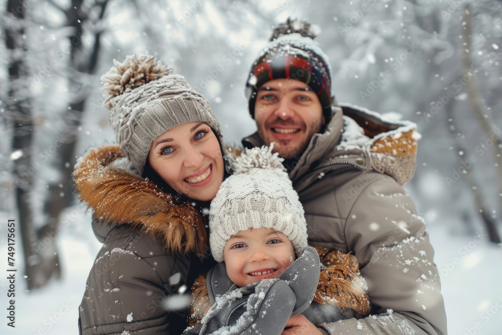 Portrait of happy family in warm clothing in winter park outdoors