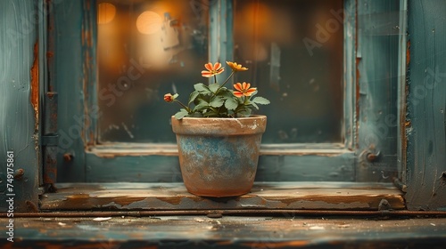 small plant pot displayed in the window vintage color