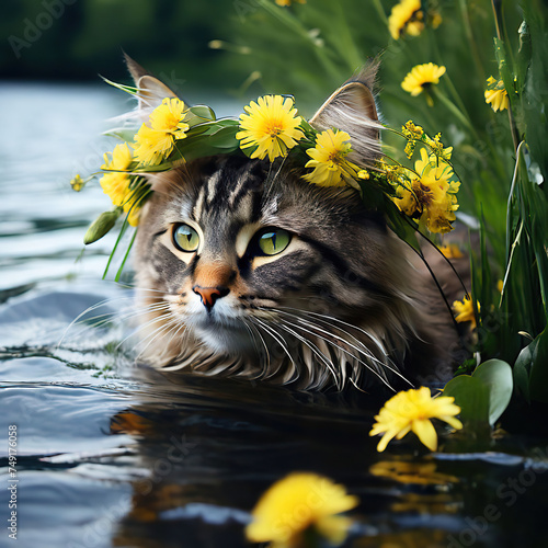cat with a wreath of dandelions on his head swimming in the river. flowers grow along the banks of the river