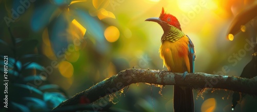 A vibrant bird with stunning colors perched on a tree branch, showcasing its beautiful plumage and delicate features against the backdrop of a sunny day.