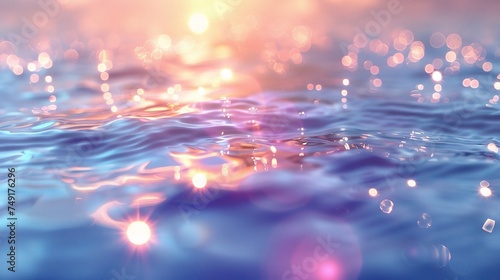 Soft focus bokeh light effects over a rippled, blue water background with lens flare