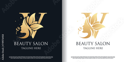 Nature beauty logo design with letter v unique style concept Premium Vector