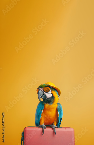 Animal abstract creative concept of parrot preparing for summer trip, tourist parrot with suitcase on minimal pastel background --ar 16:9 --v 6 Job ID: 8ef88659-5c87-4c92-aa8f-79574d7ed185