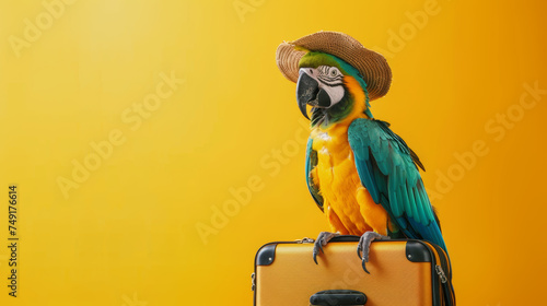 Parrot sitting on suitcase with sunglasses preparing for summer trip. Creative vacation concept.