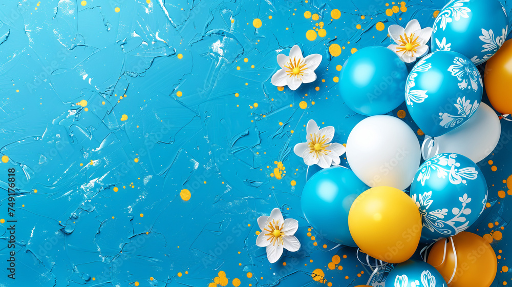 Balloons on a blue background in blue and yellow colors. A card in honor of a Boy's birthday celebration or an invitation to a party Balloons on a blue background in blue and yellow colors. A card in honor of a Boy's birthday celebration or an invitation to a party